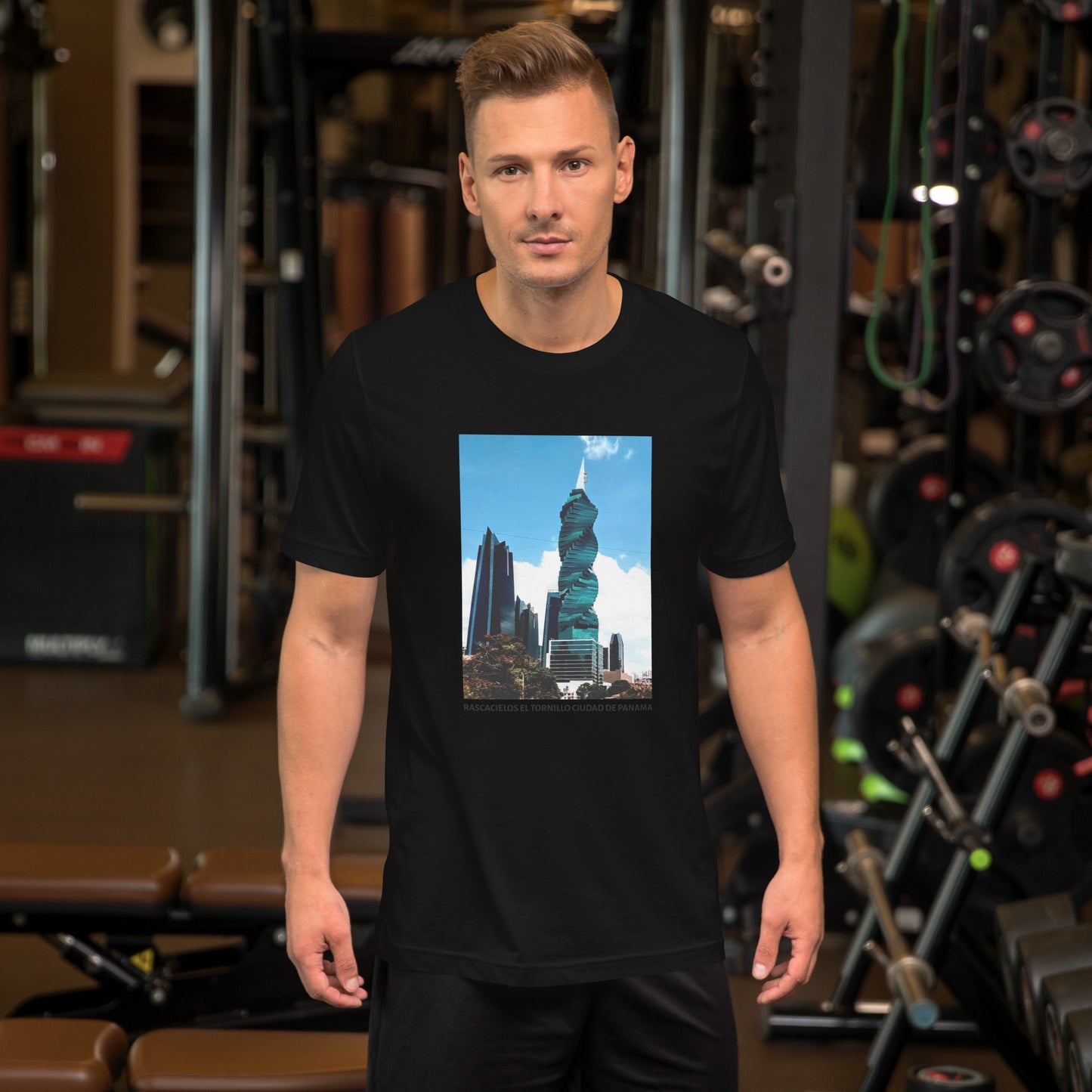 CAMISETA UNISEX CON UNA FOTOGRAFIA ORIGINAL DEL MUNDO, RASCACIELOS EL TORNILLO CIUDAD DE PANAMA 236,4 METROS.