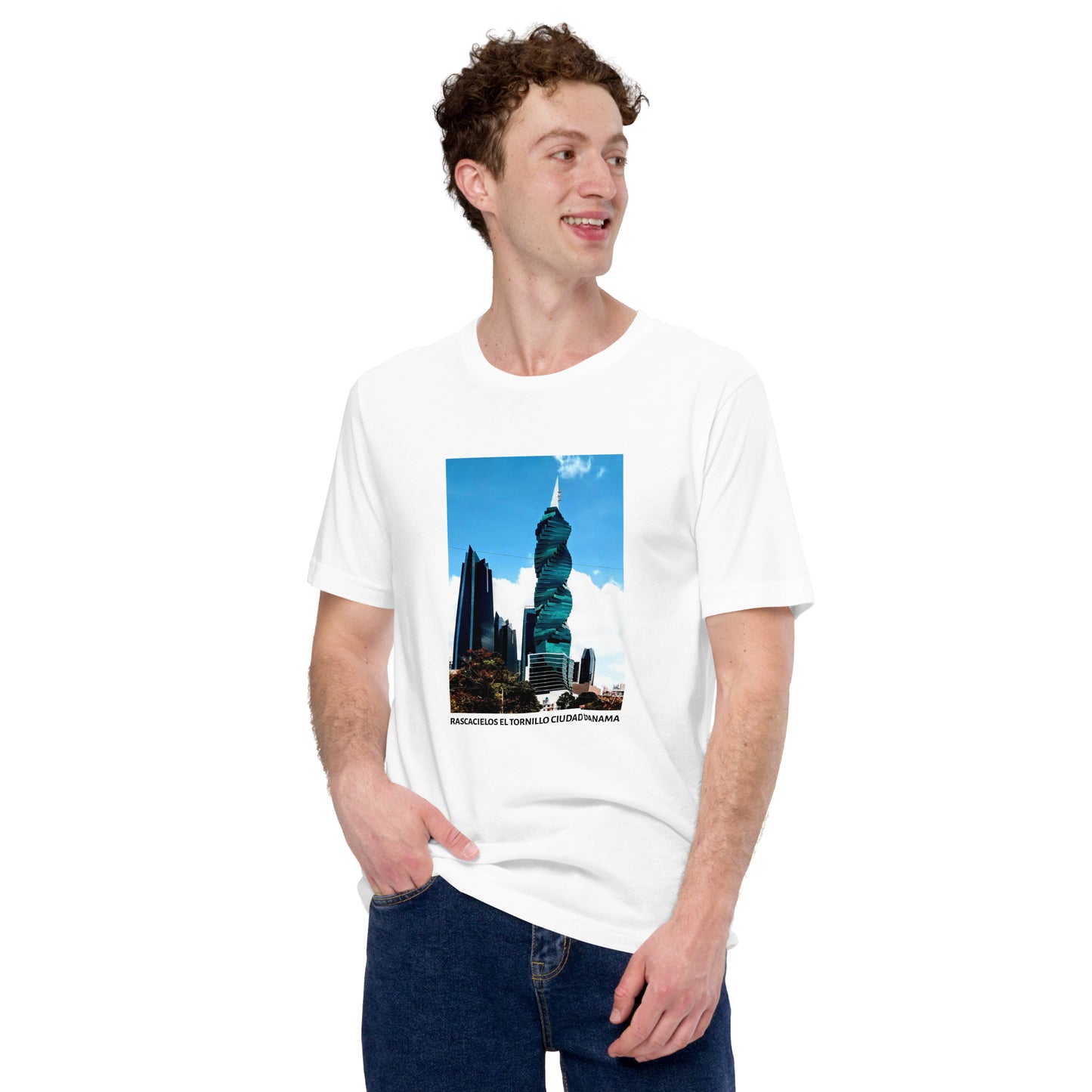 CAMISETA UNISEX CON UNA FOTOGRAFIA ORIGINAL DEL MUNDO, RASCACIELOS EL TORNILLO CIUDAD DE PANAMA 236,4 METROS.