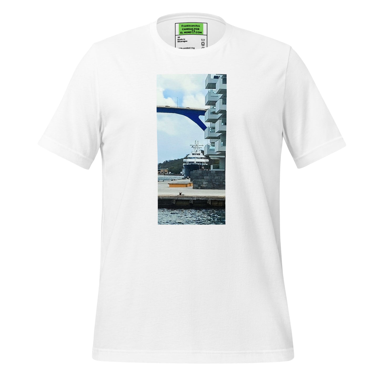 CAMISETA UNISEX CON UNA FOTOGRAFIA ORIGINAL DEL MUNDO, PUENTE DE LA REINA JULIANA ISLA DE CURAZAO 56.4 M DE ALTURA.